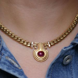 Vintage Golden Oval Cut Ruby Sapphire Cabochon Necklace For Women