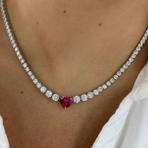 Heart Cut White & Ruby Sapphire Necklace Tennis Necklace For Women Wedding Jewelry  