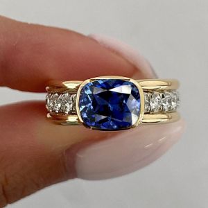 Two Tone Bezel Cushion Cut Blue Sapphire Engagement Ring For Women Wedding Jewelry 3.46 Ct 