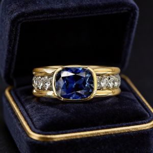 Two Tone Bezel Cushion Cut Blue Sapphire Engagement Ring For Women Wedding Jewelry 3.46 Ct 