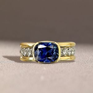 Two Tone Bezel Cushion Cut Blue Sapphire Engagement Ring For Women Wedding Jewelry 3.46 Ct 