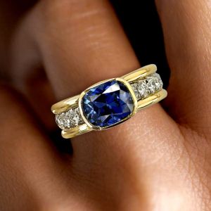 Two Tone Bezel Cushion Cut Blue Sapphire Engagement Ring For Women Wedding Jewelry 3.46 Ct 