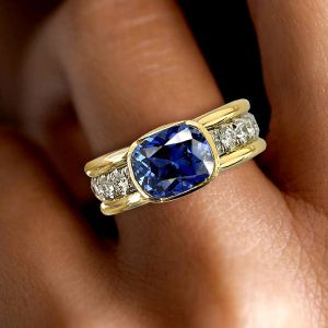 Two Tone Bezel Cushion Cut Blue Sapphire Engagement Ring For Women Wedding Jewelry 3.46 Ct 
