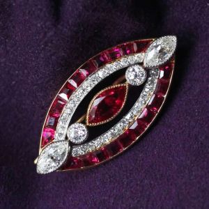 Two Tone Milgrain Marquise Cut Ruby Sapphire Brooch For Women Wedding Jewelry