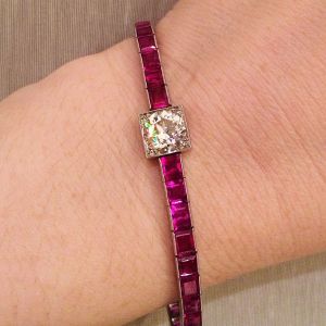 Milgrain Two Tone Asscher & Round Cut White & Ruby Sapphire Bracelet For Women Wedding Jewelry 