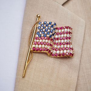 Golden Round Cut Blue & Ruby Sapphire American Flag Brooch For Women