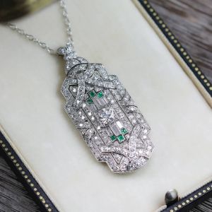 Art Deco Baguette & Round Cut Emerald & White Sapphire Pendant Necklace For Women Wedding Jewelry