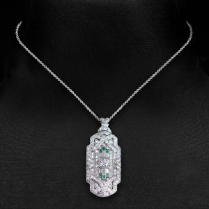 Art Deco Baguette & Round Cut Emerald & White Sapphire Pendant Necklace For Women Wedding Jewelry