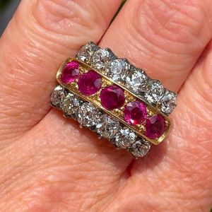 Two Tone Round Cut Ruby Sapphire Wedding Band For Women 