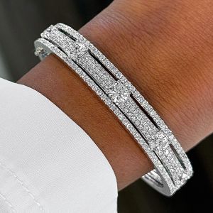Pave Setting Triple Row Round Cut White Sapphire Bangle Bracelet For Women Wedding Jewelry
