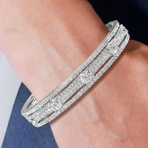 Pave Setting Triple Row Round Cut White Sapphire Bangle Bracelet For Women Wedding Jewelry