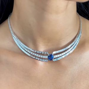 Triple Row Emerald Cut Blue Sapphire Necklace For Women Wedding Jewelry