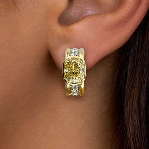 Golden Bezel Cushion Cut Yellow Sapphire Hoop Earrings For Women Wedding Jewelry 