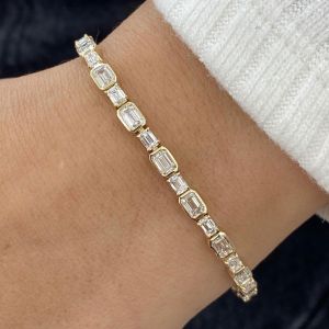 Golden Bezel Emerald Cut White Sapphire Tennis Bracelet For Women 