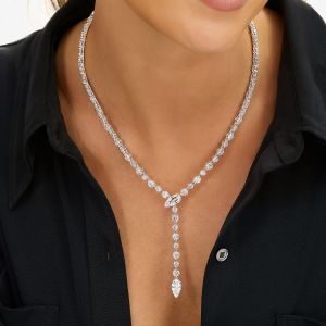 Round & Pear Cut White Sapphire Lariat Tennis Necklace For Women