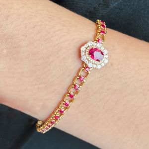 Golden Double Halo Oval Cut Ruby Sapphire Bracelet For Women Wedding Jewelry 