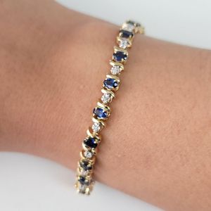 Golden Oval Cut Blue Sapphire Tennis Bracelet For Women Wedding Jewelry 