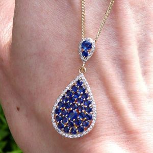 Two Tone Round Cut Blue Sapphire Pendant Necklace For Women Wedding Jewelry 