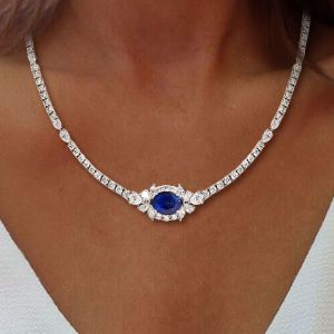 Halo Oval Cut Blue Sapphire Tennis Necklace For Women Wedding Necklace 