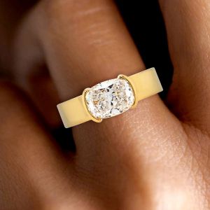 Golden Half Bezel Cushion Cut White Sapphire Engagement Ring For Women 