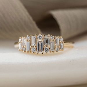 Golden Round & Baguette Cut White Sapphire Wedding Band For Women Wedding Jewelry  