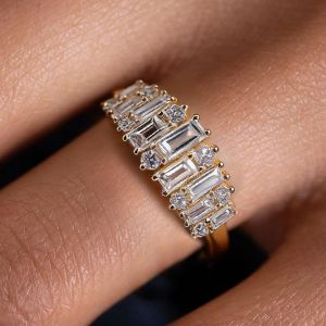 Golden Round & Baguette Cut White Sapphire Wedding Band For Women Wedding Jewelry  