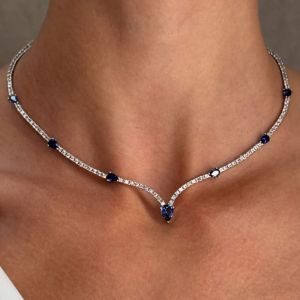 Chevron-V Pear Cut Blue Sapphire Tennis Necklace For Women Wedding Jewelry