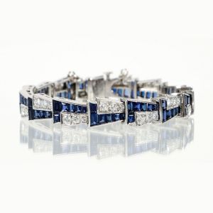 Art Deco Round & Emerald Cut Blue Sapphire Bracelet For Women Wedding Jewelry