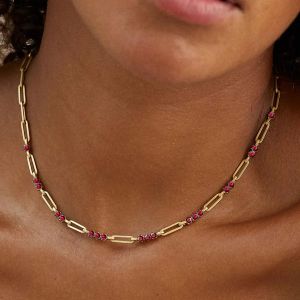 Golden Round Cut Ruby Sapphire Paper Clip Necklace For Women Wedding Jewelry