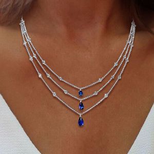Multi Row Marquise & Pear Cut Blue Sapphire Necklace For Women Wedding Jewelry 