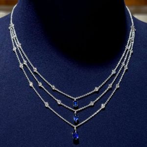 Multi Row Marquise & Pear Cut Blue Sapphire Necklace For Women Wedding Jewelry 