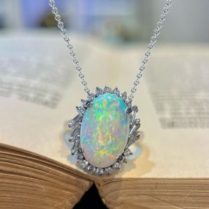 Halo Oval Cut Opal Pendant Necklace For Women Wedding Jewelry 