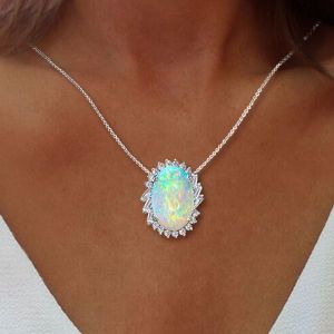Halo Oval Cut Opal Pendant Necklace For Women Wedding Jewelry 