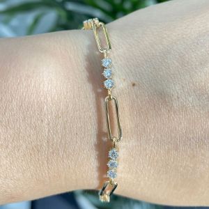 Golden Round Cut White Sapphire Paper Clip Bracelets For Women
