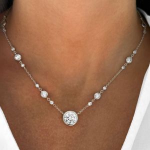 Bezel Round Cut White Sapphire Pendant Necklace For Women