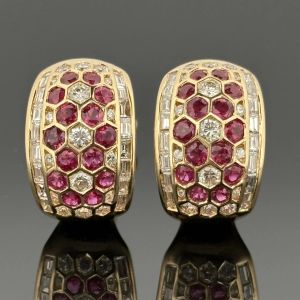 Golden Honeycomb Design Round Cut Ruby & White Sapphire Hoop Earrings For Women