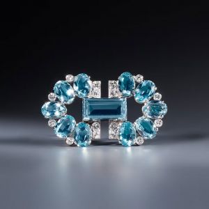 Art Deco Emerald & Oval Cut Aquamarine Sapphire Brooch For Women  
