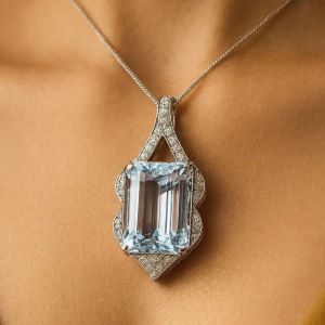Vintage Emerald Cut Aquamarine Pendant Necklace For Women