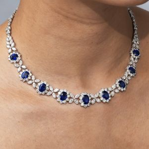 Cluster Design Halo Oval Cut Blue Sapphire Necklace For Women