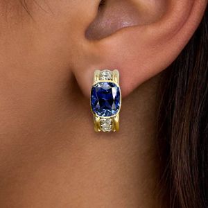Golden Bezel Cushion Cut Blue Sapphire Hoop Earrings For Women Wedding Jewelry 