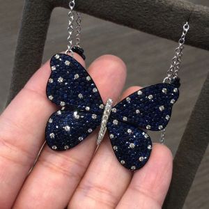 Butterfly Round Cut Blue Sapphire Pendant Necklace For Women  