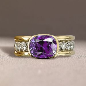 Two Tone Bezel Cushion Cut Amethyst Sapphire Engagement Ring For Women Wedding Jewelry