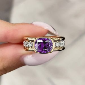 Two Tone Bezel Cushion Cut Amethyst Sapphire Engagement Ring For Women Wedding Jewelry