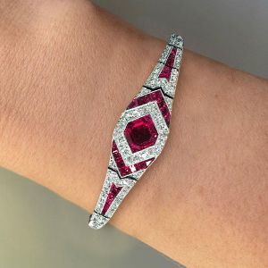 Art Deco Halo Asscher Cut Ruby Sapphire Bracelet For Women 