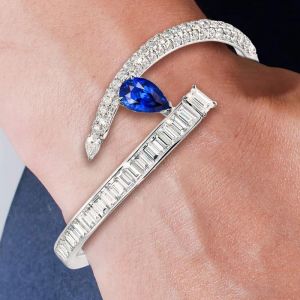 Unique Pear & Baguette Cut White & Blue Sapphire Bangle Bracelet For Women 