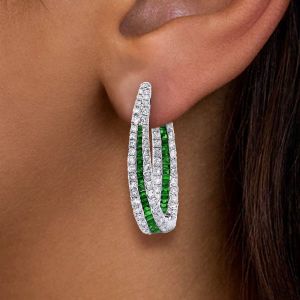 Halo Round Cut Emerald Sapphire Hoop Earrings For Women
