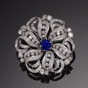 Round Cut White & Blue Sapphire Brooch For Women