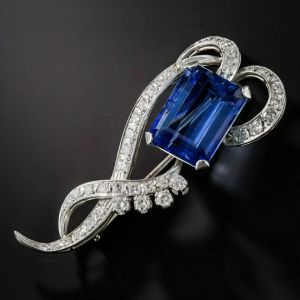Vintage Emerald Cut Blue Sapphire Brooch For Women