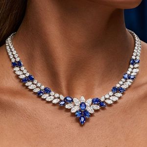 Double Row Pear & Oval Cut Blue Sapphire Necklace For Women Wedding Jewelry