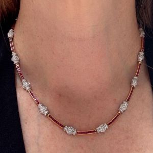 Two Tone Emerald Cut Ruby Sapphire Wedding Necklace For Women 